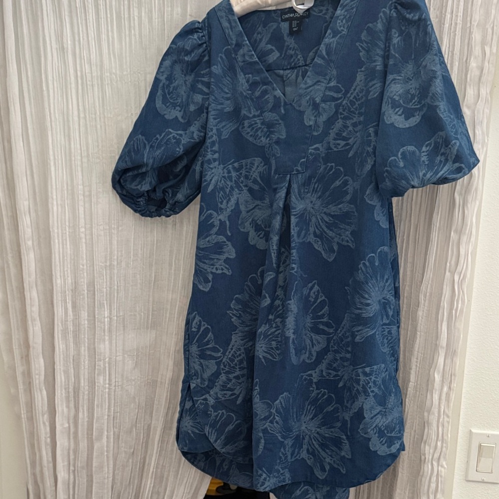 Cynthia Rowley Indigo Floral V-Neck Puff Sleeve Tunic